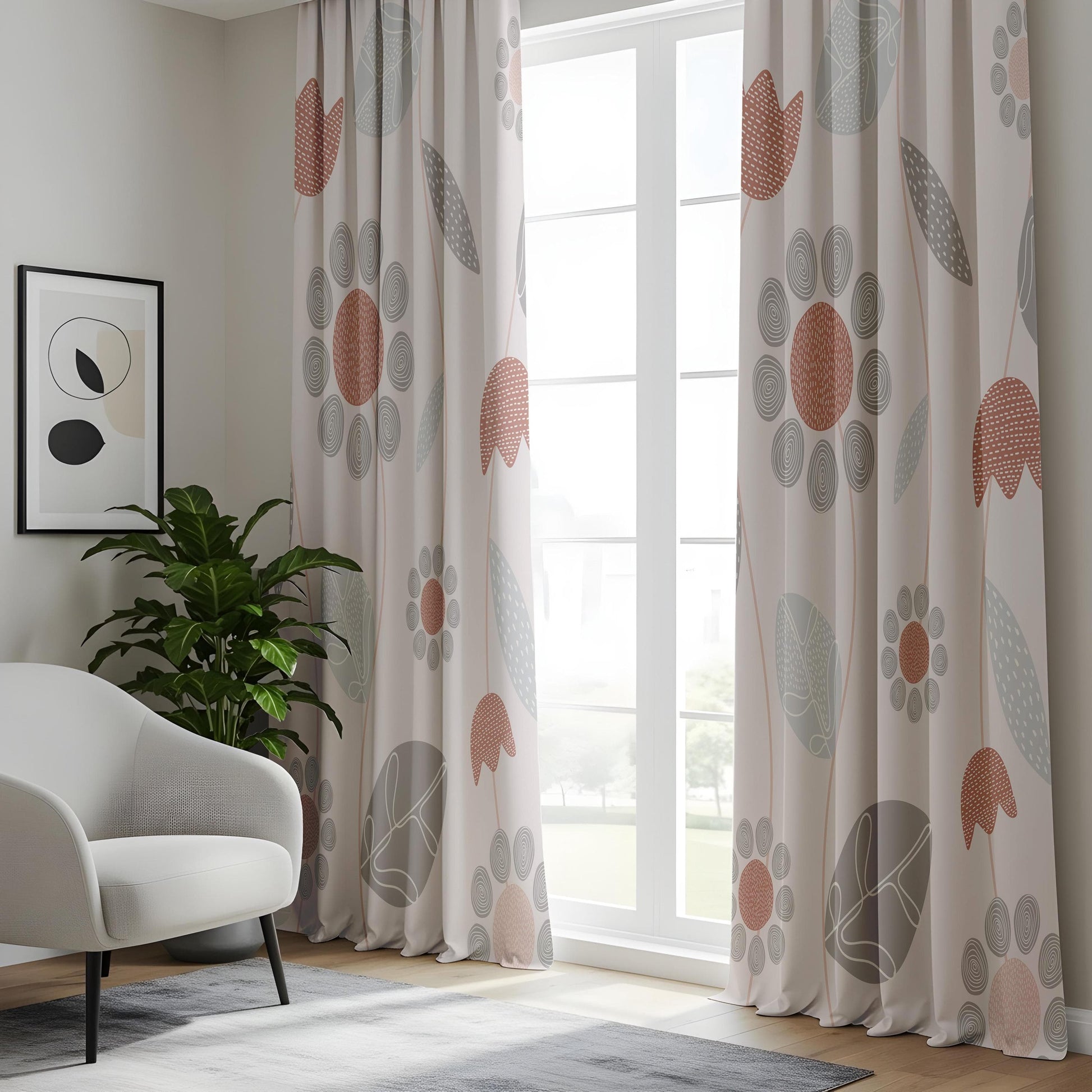 Onay Minimalist Floral Curtains, Soft Beige & Rust Botanical Drapes