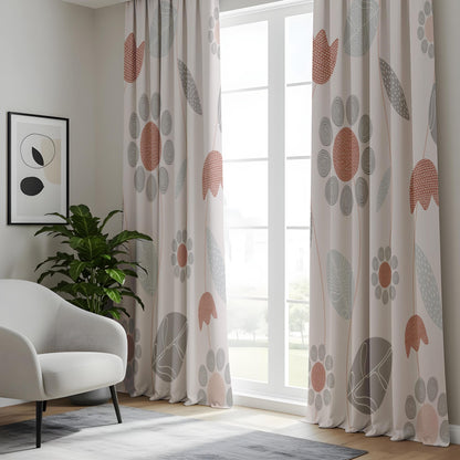 Onay Minimalist Floral Curtains, Soft Beige & Rust Botanical Drapes