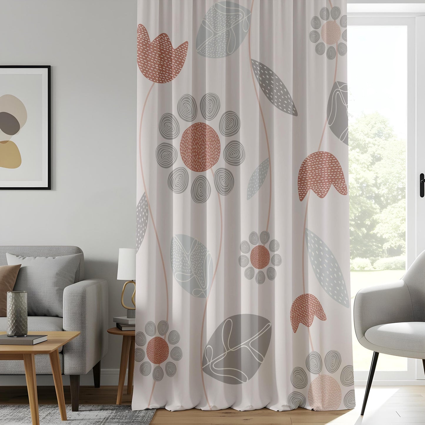 Onay Minimalist Floral Curtains, Soft Beige & Rust Botanical Drapes