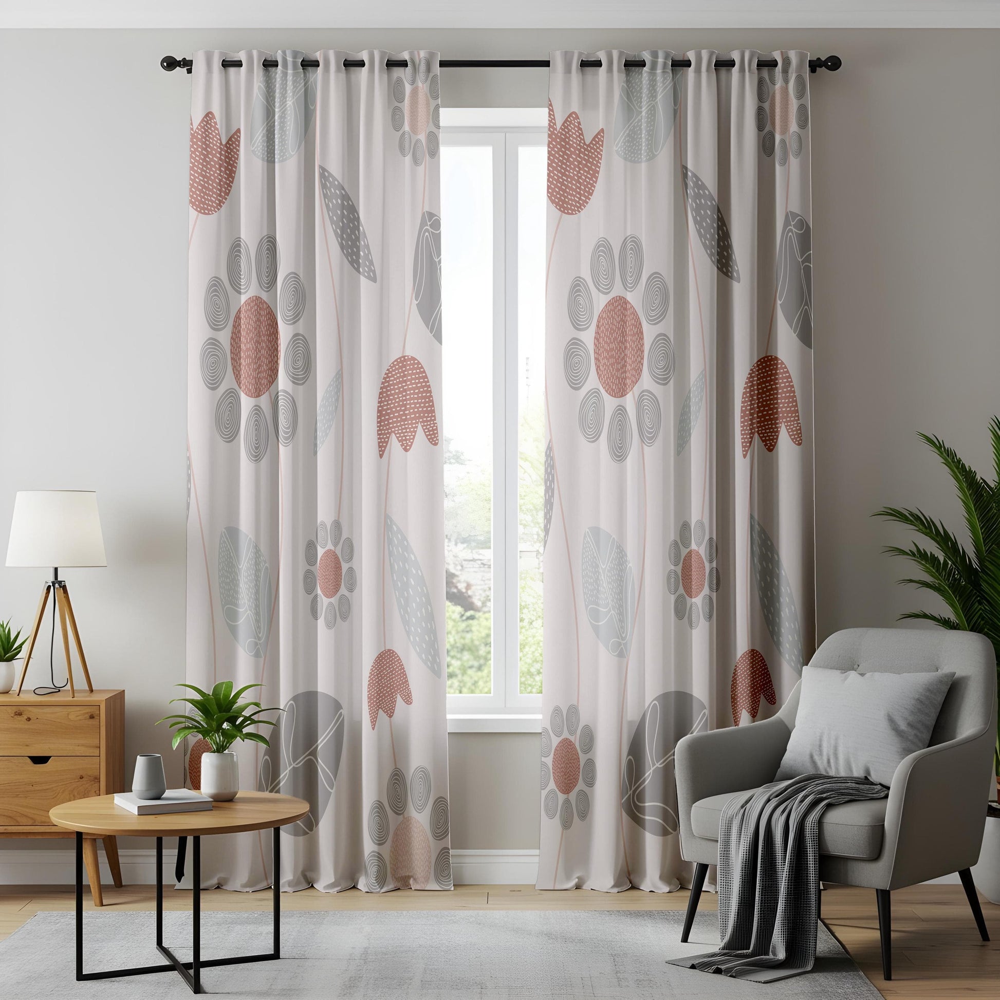 Onay Minimalist Floral Curtains, Soft Beige & Rust Botanical Drapes