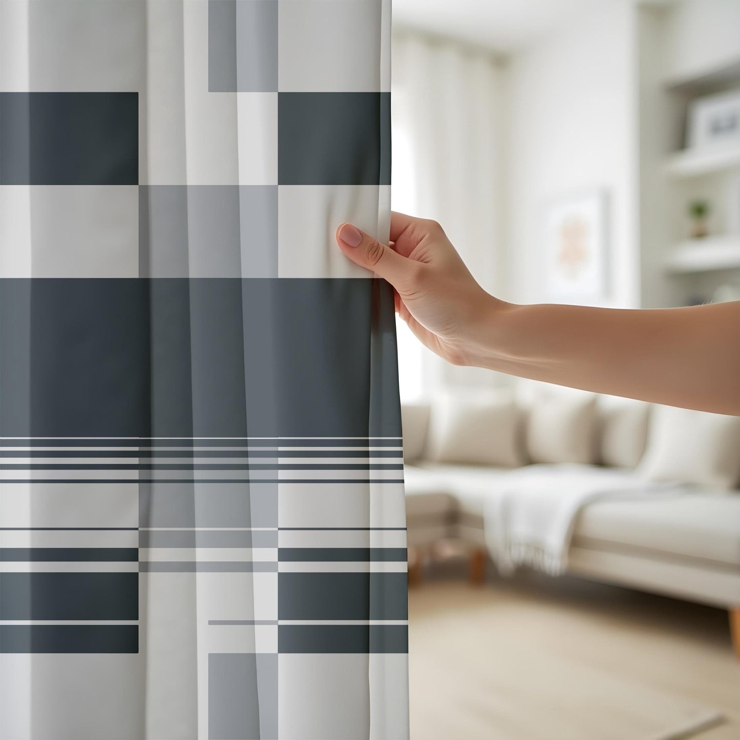 Onay Minimalist Grey Curtains – Modern Geometric Striped Drapes for Living Room Decor