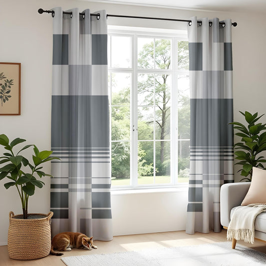 Onay Minimalist Grey Curtains – Modern Geometric Striped Drapes for Living Room Decor