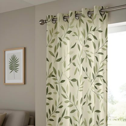 Onay Minimalist Leaf Print Curtains, Elegant Green Botanical Drapes