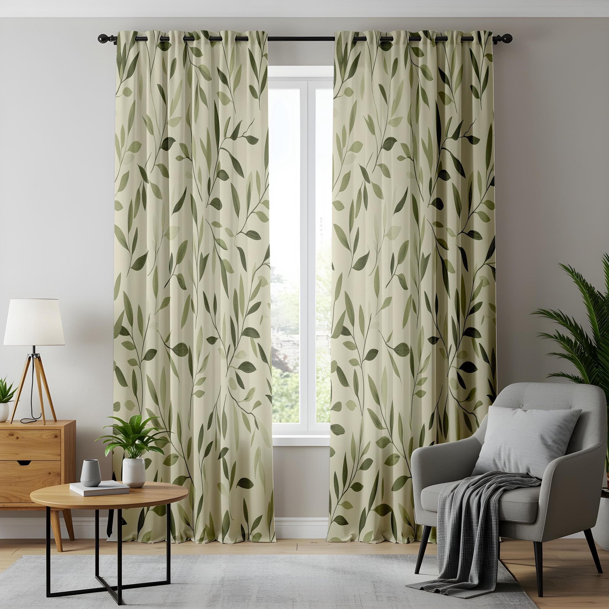 Onay Minimalist Leaf Print Curtains, Elegant Green Botanical Drapes