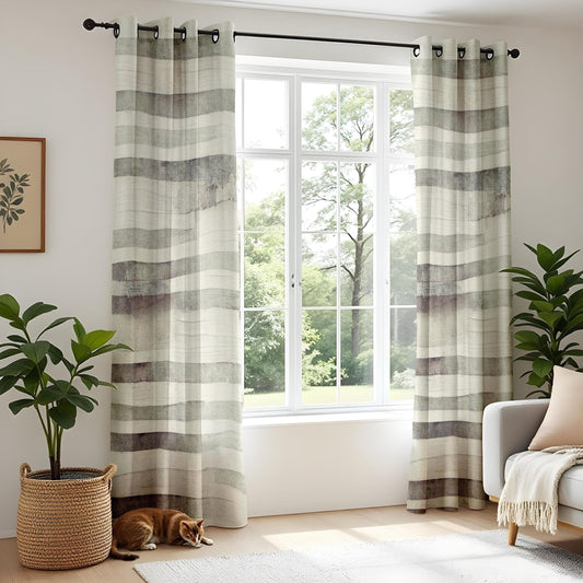 Onay Minimalist Watercolor Stripe Curtains, Neutral Green and Gray Living Room Drapes