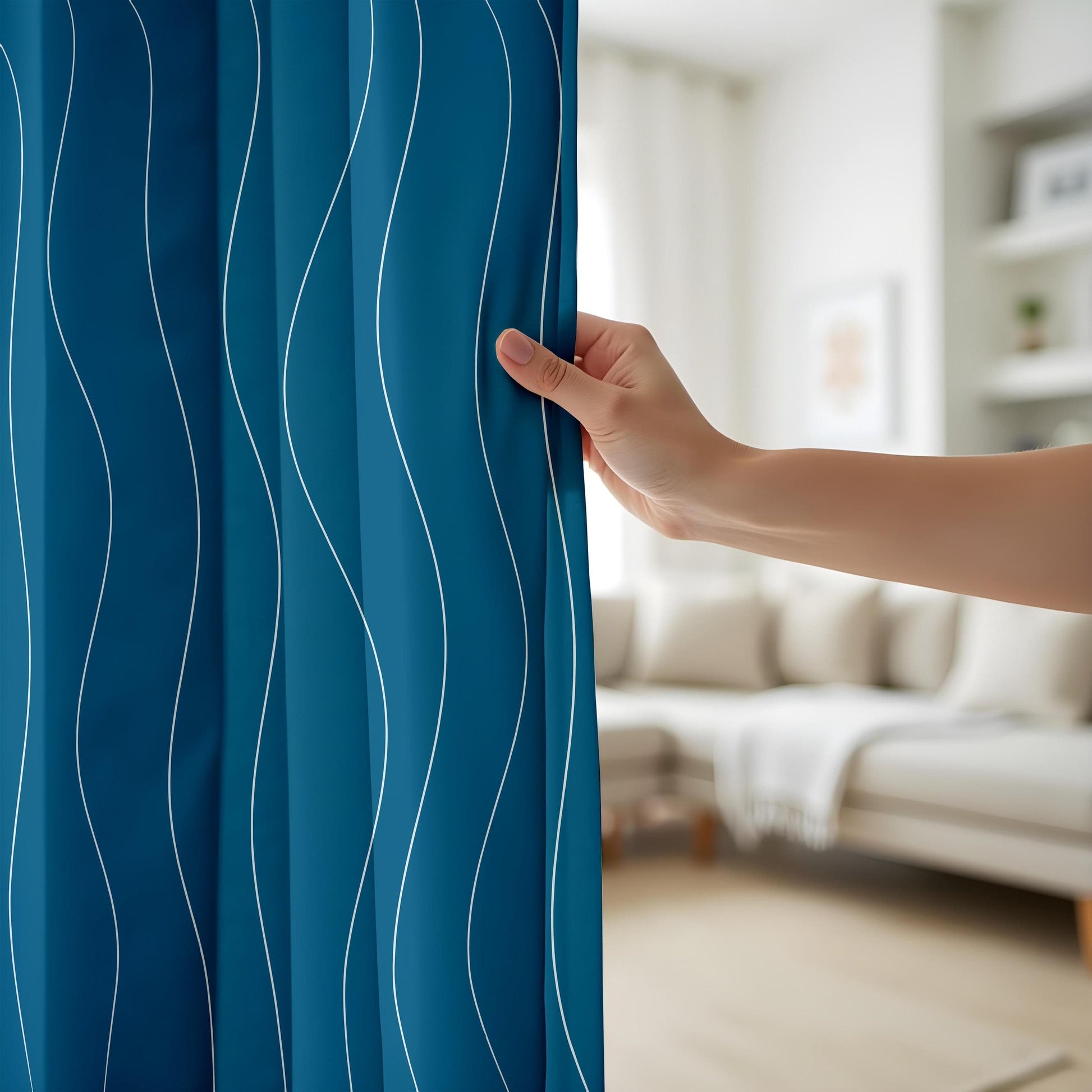 Onay Minimalist Wave Pattern Curtains, Sleek Blue Design Drapes