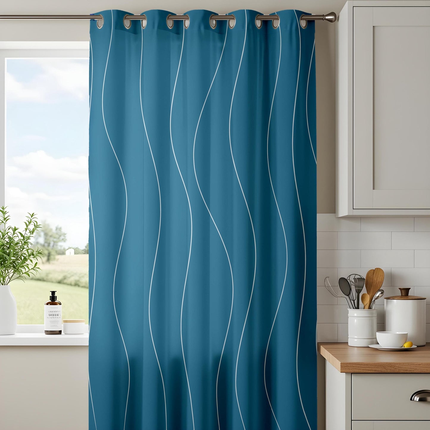 Onay Minimalist Wave Pattern Curtains, Sleek Blue Design Drapes
