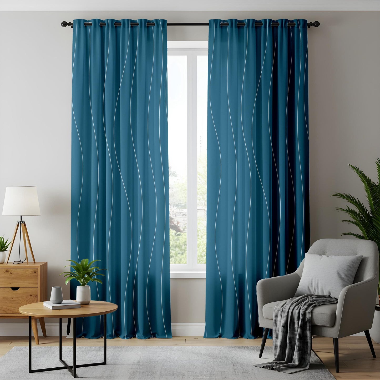 Onay Minimalist Wave Pattern Curtains, Sleek Blue Design Drapes