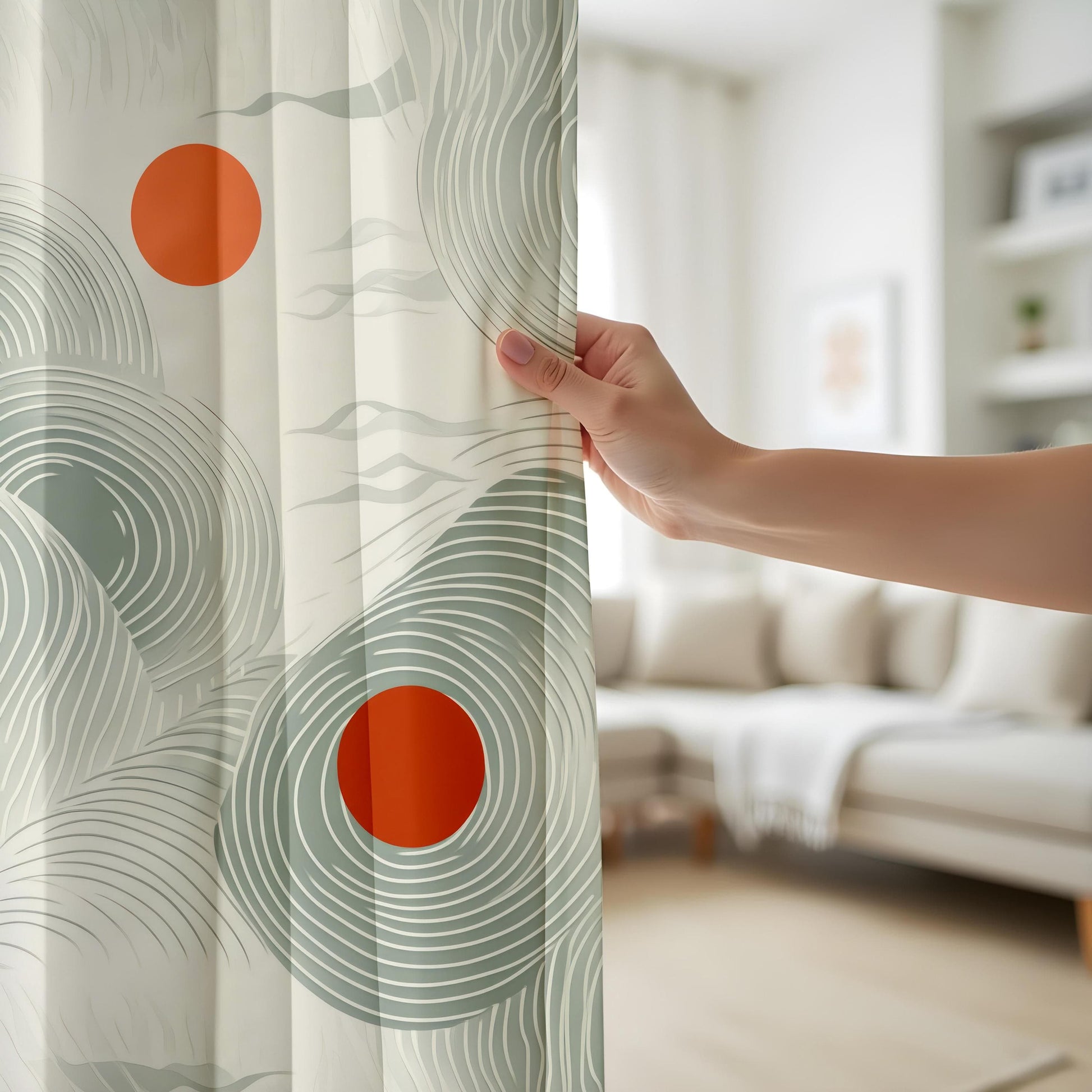 Onay Minimalist Zen Wave Curtains, Modern Abstract Art Drapes, Soft Green & Rust Tones