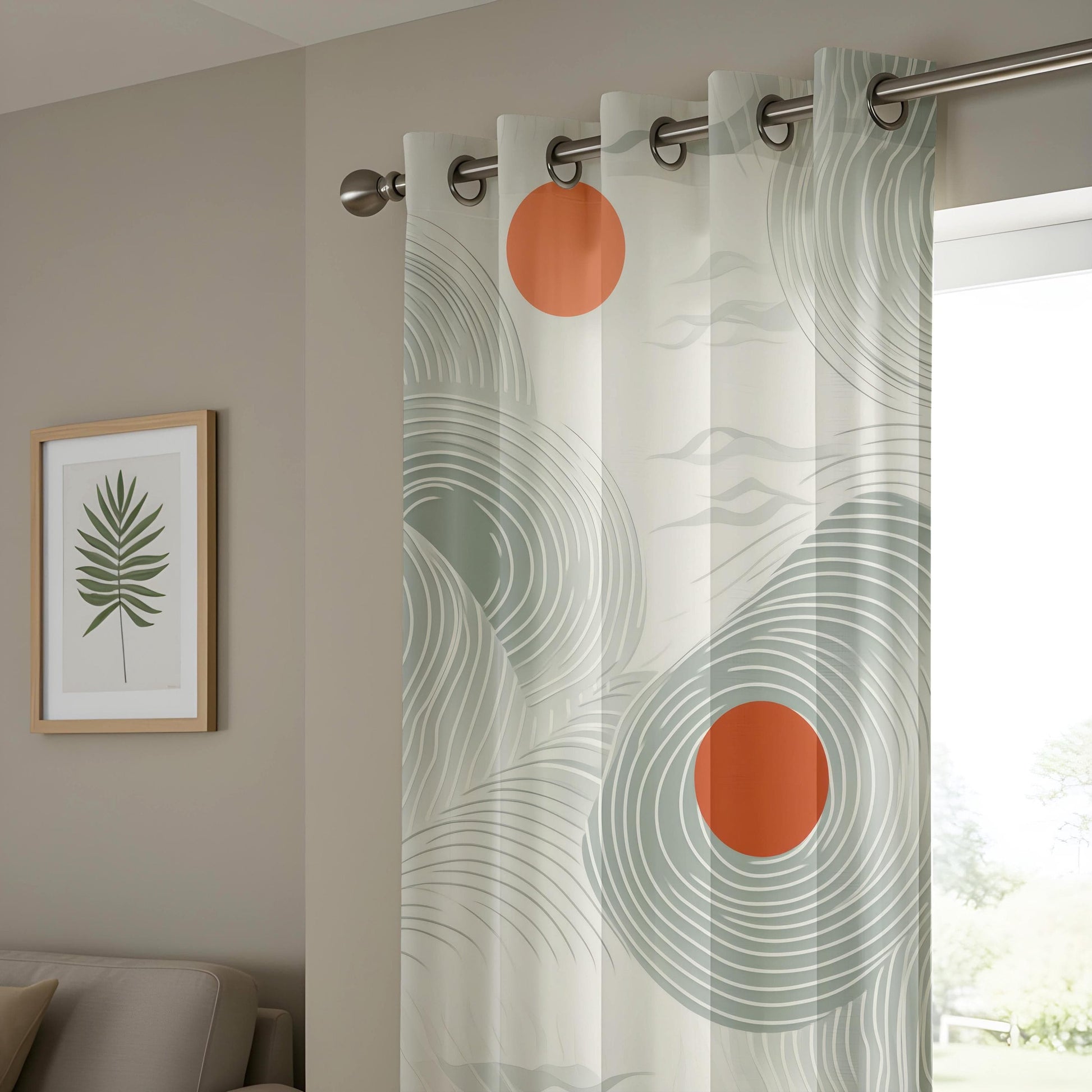 Onay Minimalist Zen Wave Curtains, Modern Abstract Art Drapes, Soft Green & Rust Tones