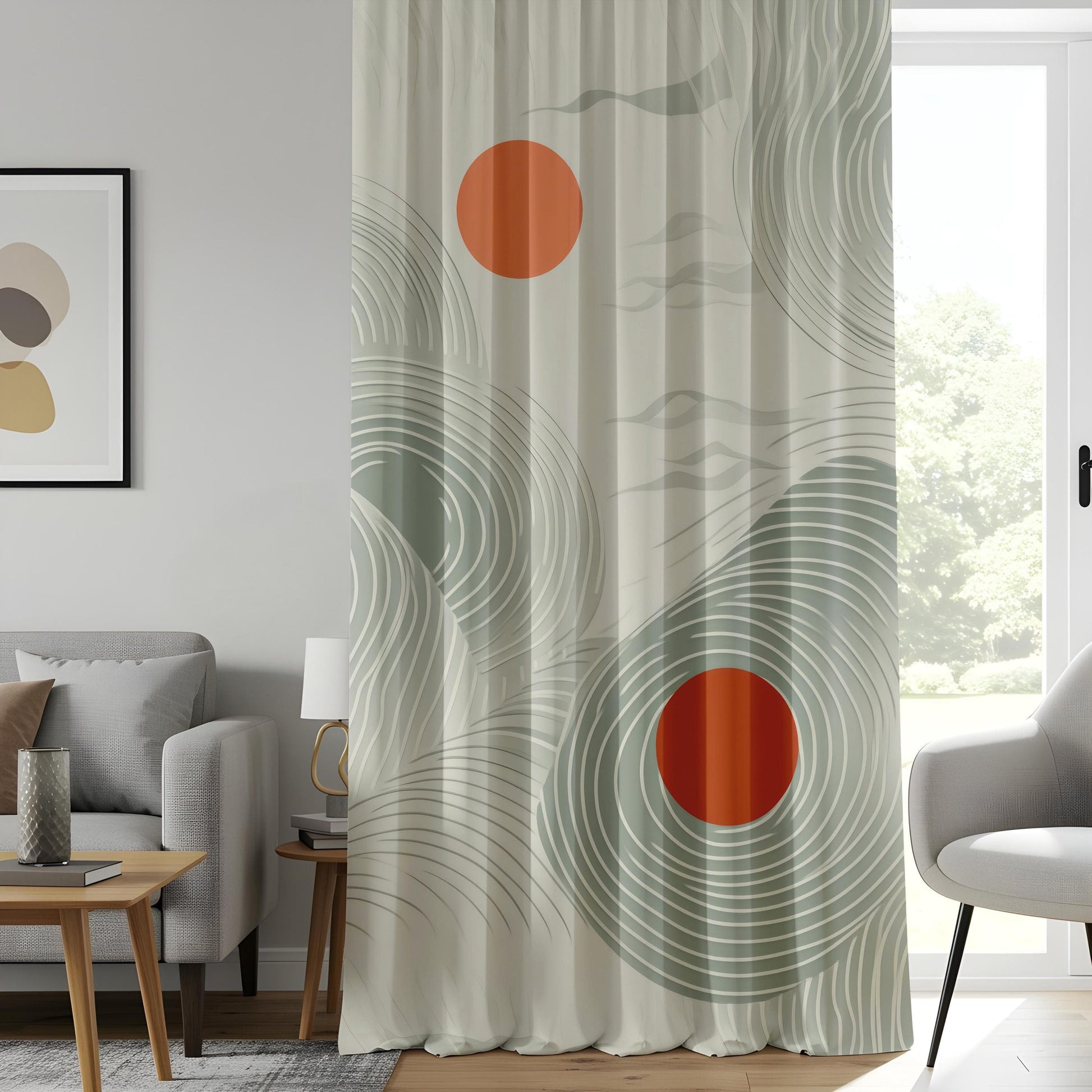 Onay Minimalist Zen Wave Curtains, Modern Abstract Art Drapes, Soft Green & Rust Tones