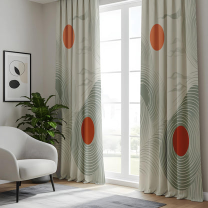 Onay Minimalist Zen Wave Curtains, Modern Abstract Art Drapes, Soft Green & Rust Tones