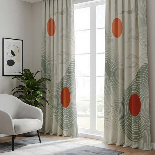 Onay Minimalist Zen Wave Curtains, Modern Abstract Art Drapes, Soft Green & Rust Tones