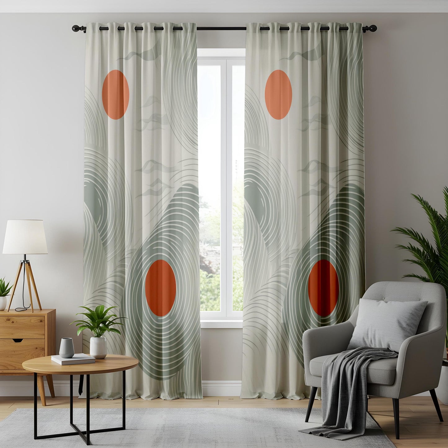 Onay Minimalist Zen Wave Curtains, Modern Abstract Art Drapes, Soft Green & Rust Tones