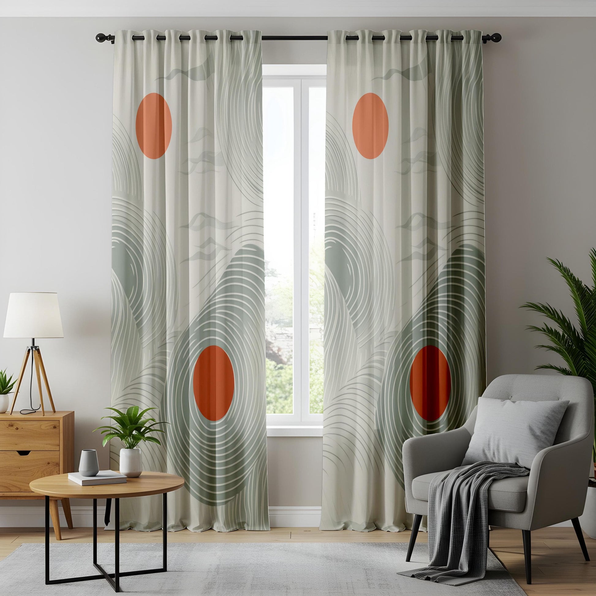 Onay Minimalist Zen Wave Curtains, Modern Abstract Art Drapes, Soft Green & Rust Tones