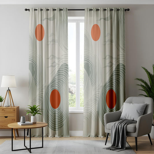 Onay Minimalist Zen Wave Curtains, Modern Abstract Art Drapes, Soft Green & Rust Tones