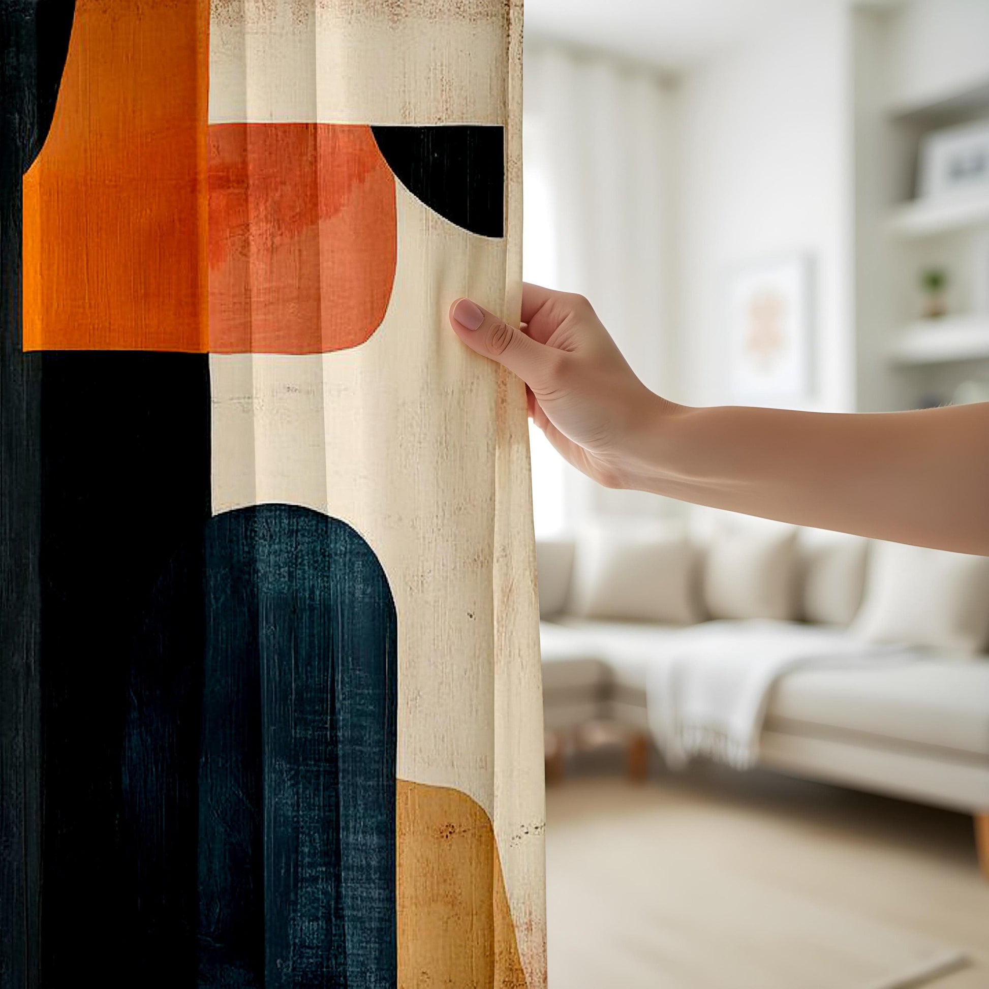 Onay Modern Abstract Curtains – Bold Geometric Color Block Drapes in Black, Orange & Beige