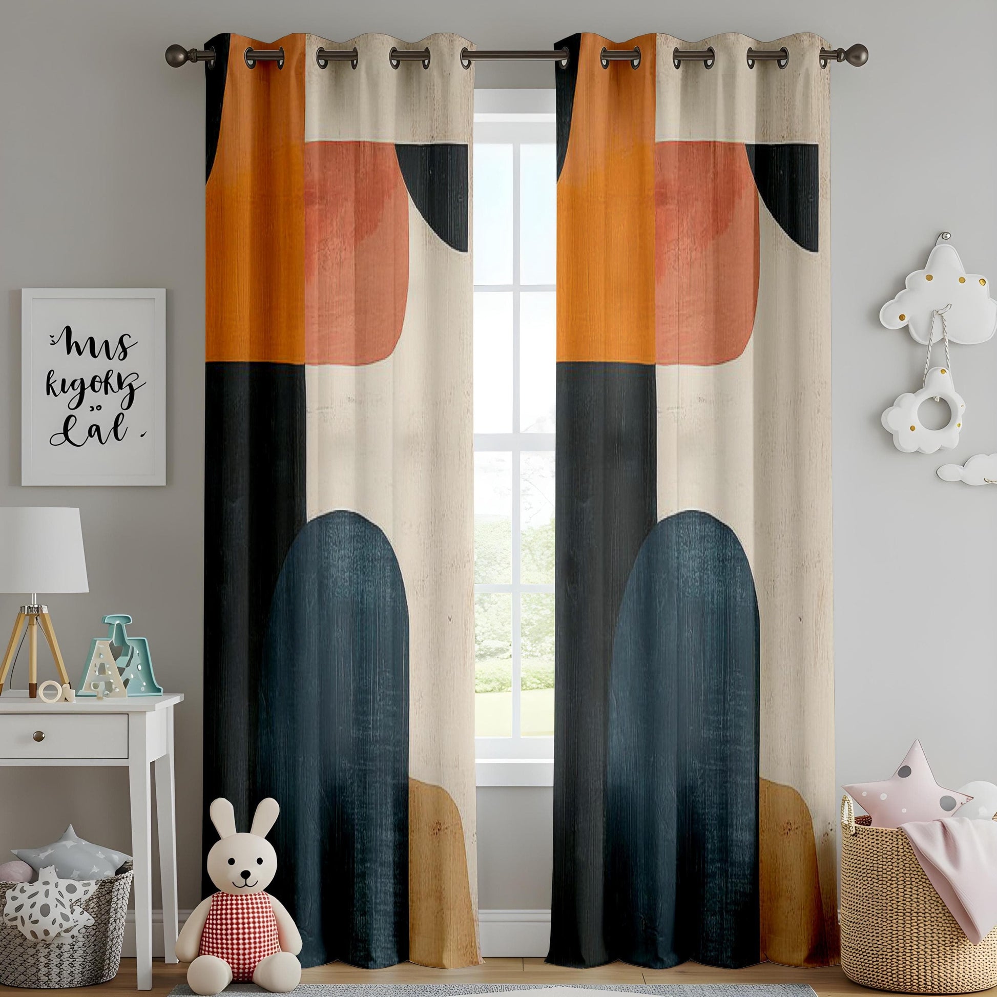 Onay Modern Abstract Curtains – Bold Geometric Color Block Drapes in Black, Orange & Beige