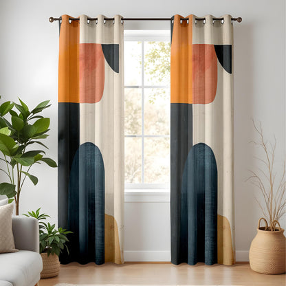 Onay Modern Abstract Curtains – Bold Geometric Color Block Drapes in Black, Orange & Beige
