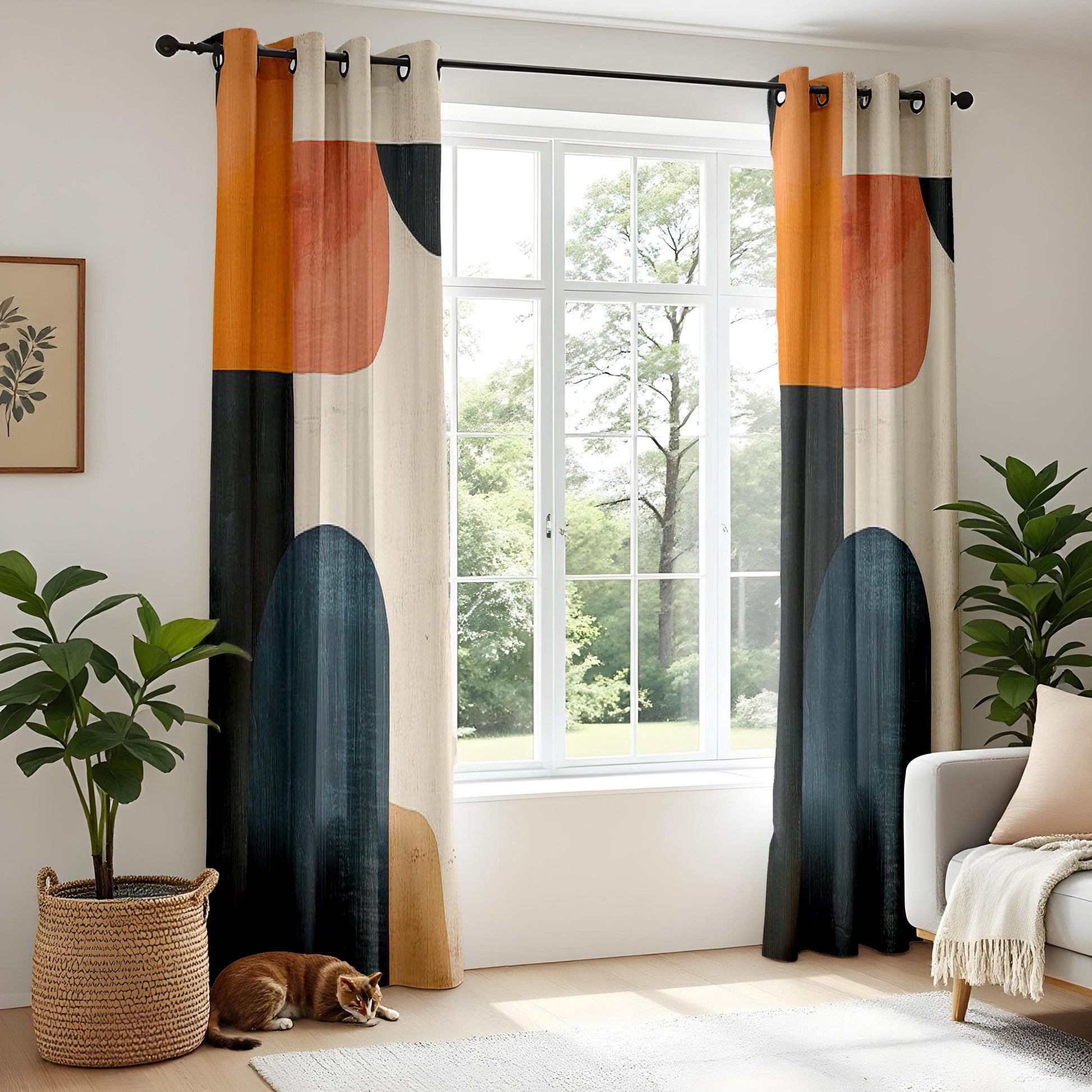 Onay Modern Abstract Curtains – Bold Geometric Color Block Drapes in Black, Orange & Beige