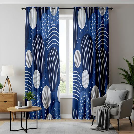 Onay Modern Abstract Curtains – Navy Blue Geometric Dot & Line Drapes