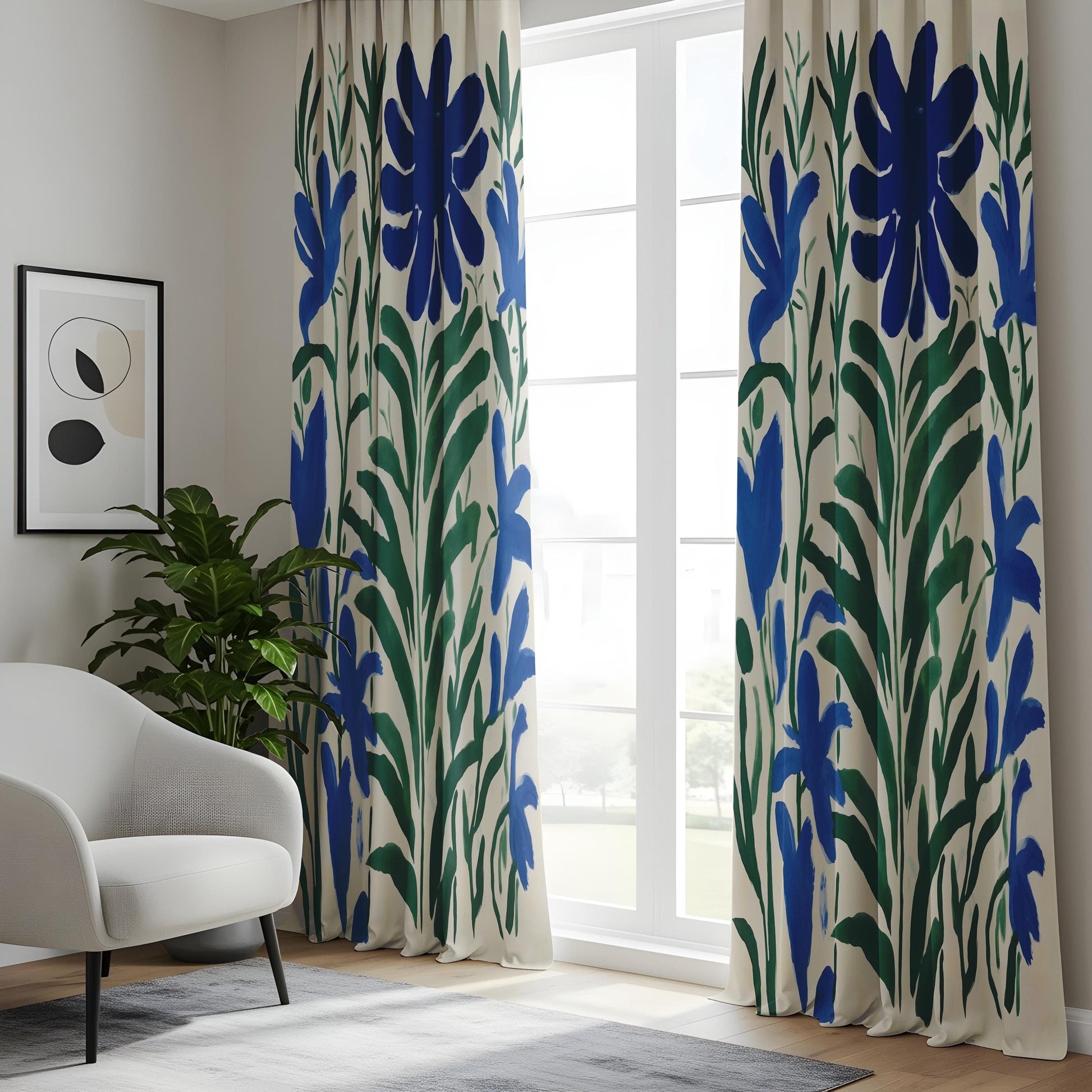 Onay Modern Abstract Floral Curtains – Blue Botanical & Green Leaf Drapes