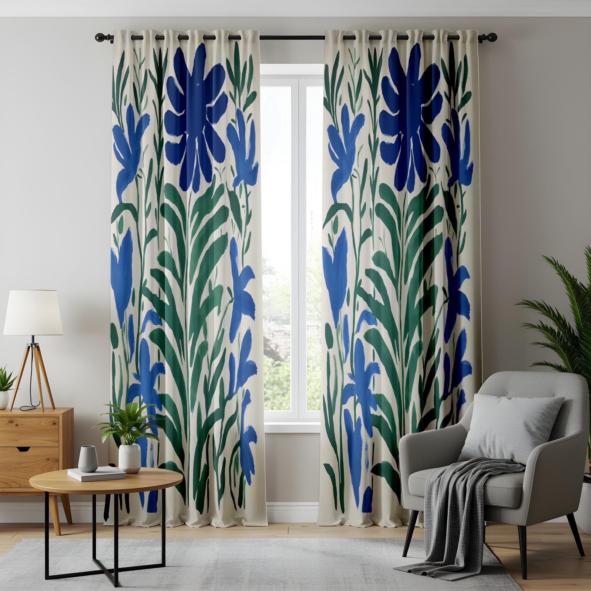 Onay Modern Abstract Floral Curtains – Blue Botanical & Green Leaf Drapes