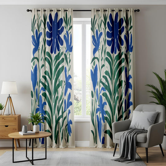 Onay Modern Abstract Floral Curtains – Blue Botanical & Green Leaf Drapes