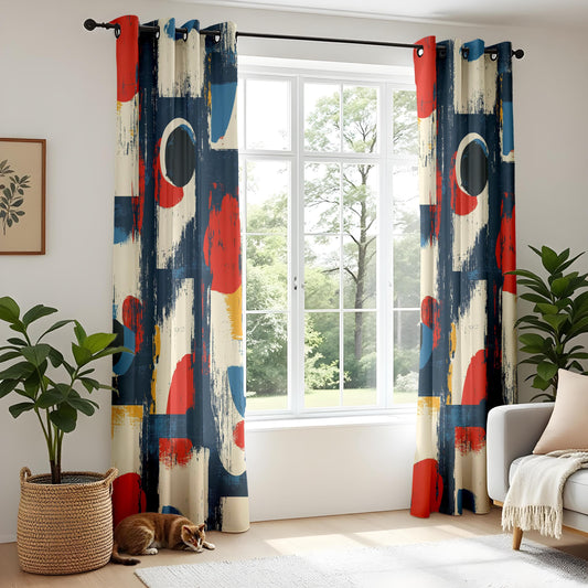 Onay Modern Abstract Geometric Curtains – Bold Red, Blue & Yellow Brushstroke Drapes