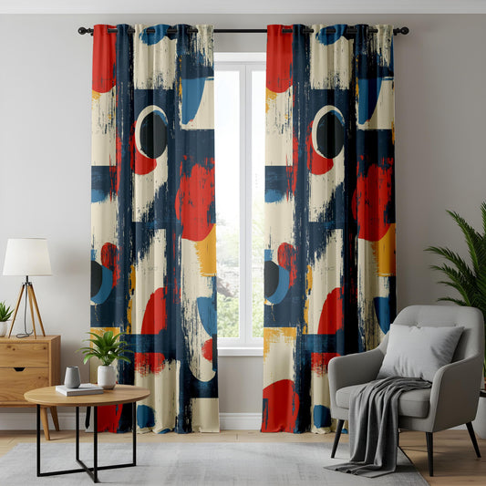 Onay Modern Abstract Geometric Curtains – Bold Red, Blue & Yellow Brushstroke Drapes