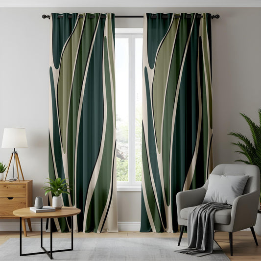 Onay Modern Abstract Green Curtains – Minimal Leaf Pattern Drapes for Botanical-Inspired Home Decor