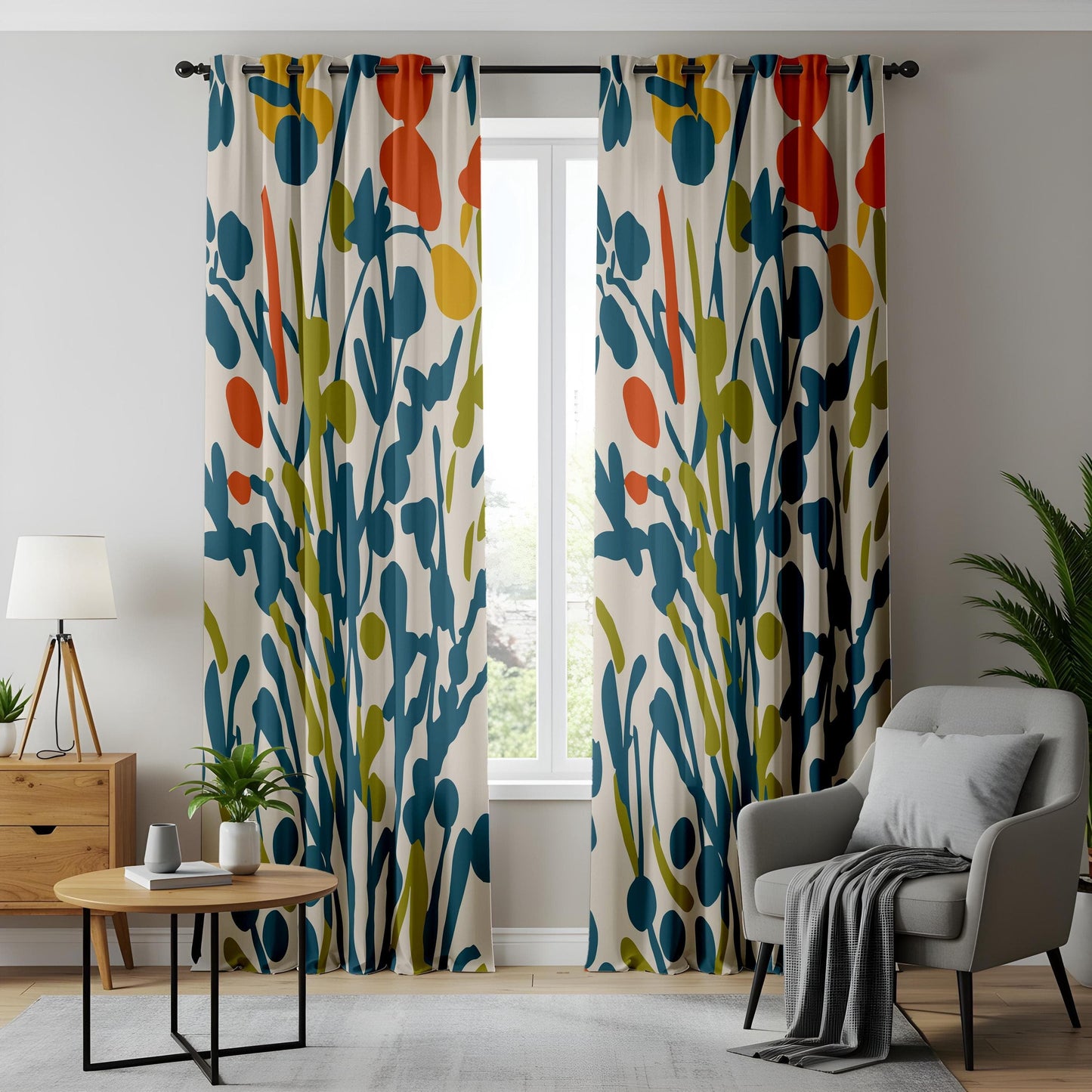 Onay Modern Abstract Green Floral Curtains, Artistic Botanical Drapes