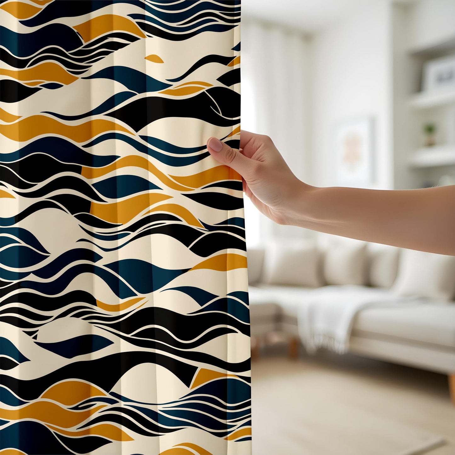 Onay Modern Abstract Wave Curtains, Navy and Mustard Flowing Lines Drapes