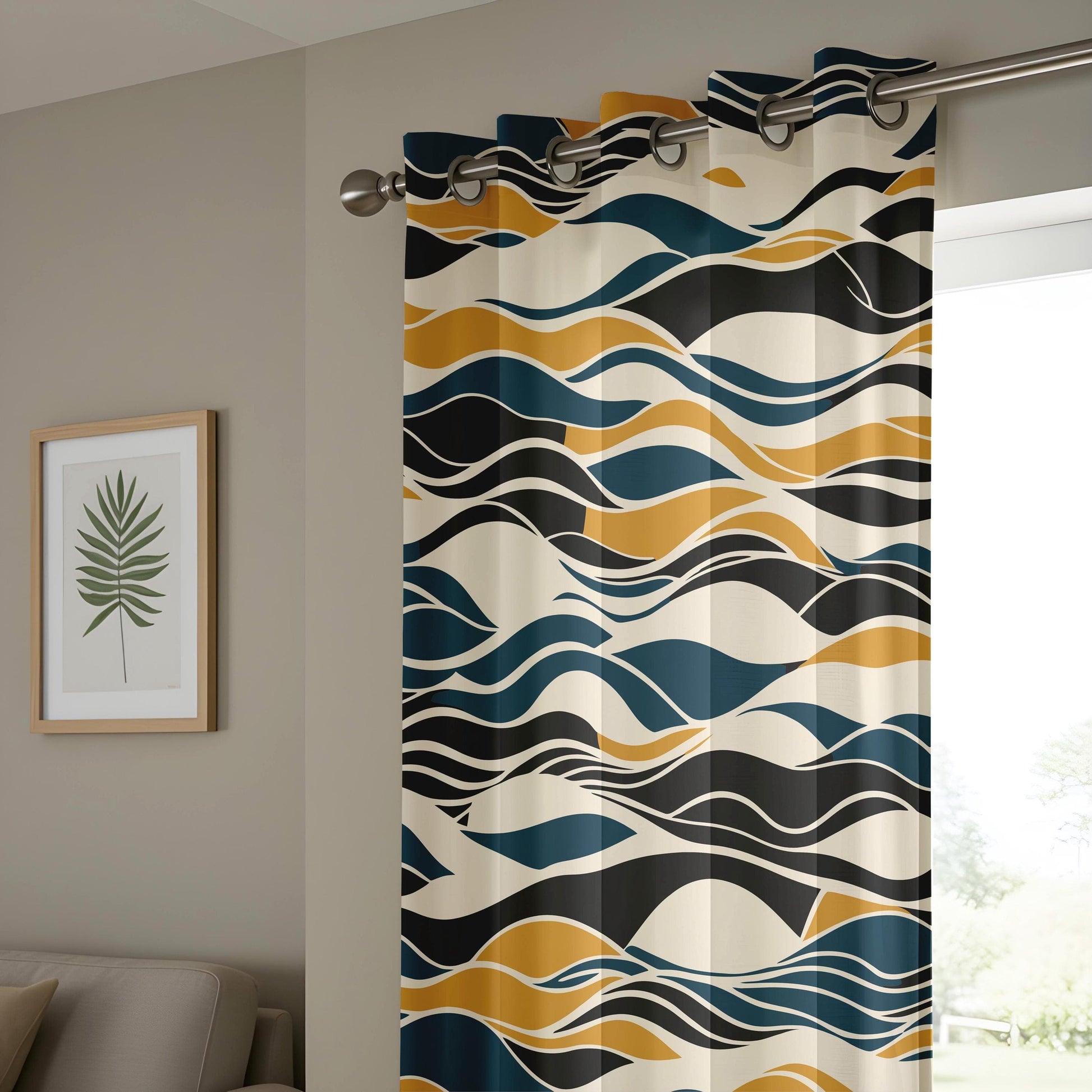 Onay Modern Abstract Wave Curtains, Navy and Mustard Flowing Lines Drapes