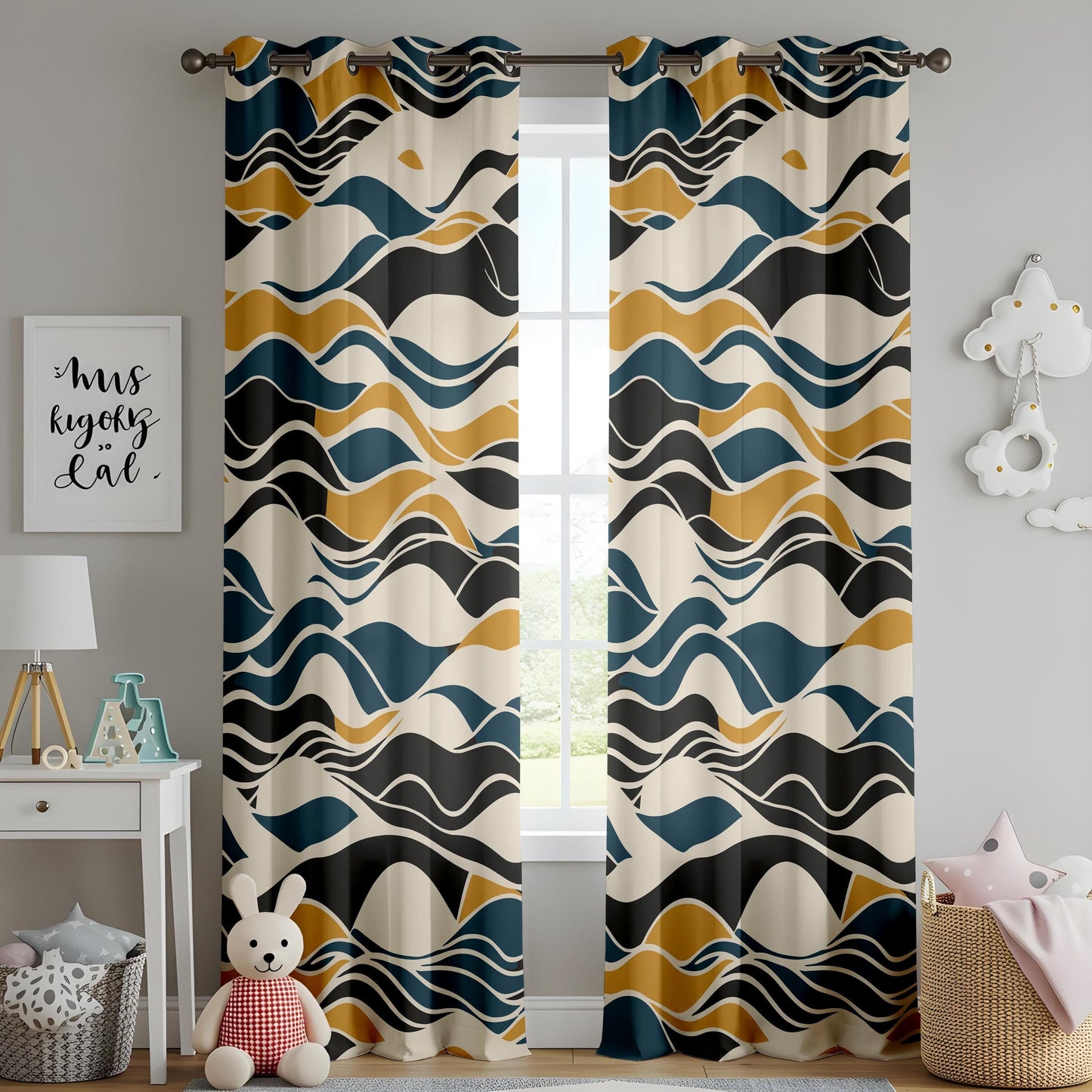 Onay Modern Abstract Wave Curtains, Navy and Mustard Flowing Lines Drapes