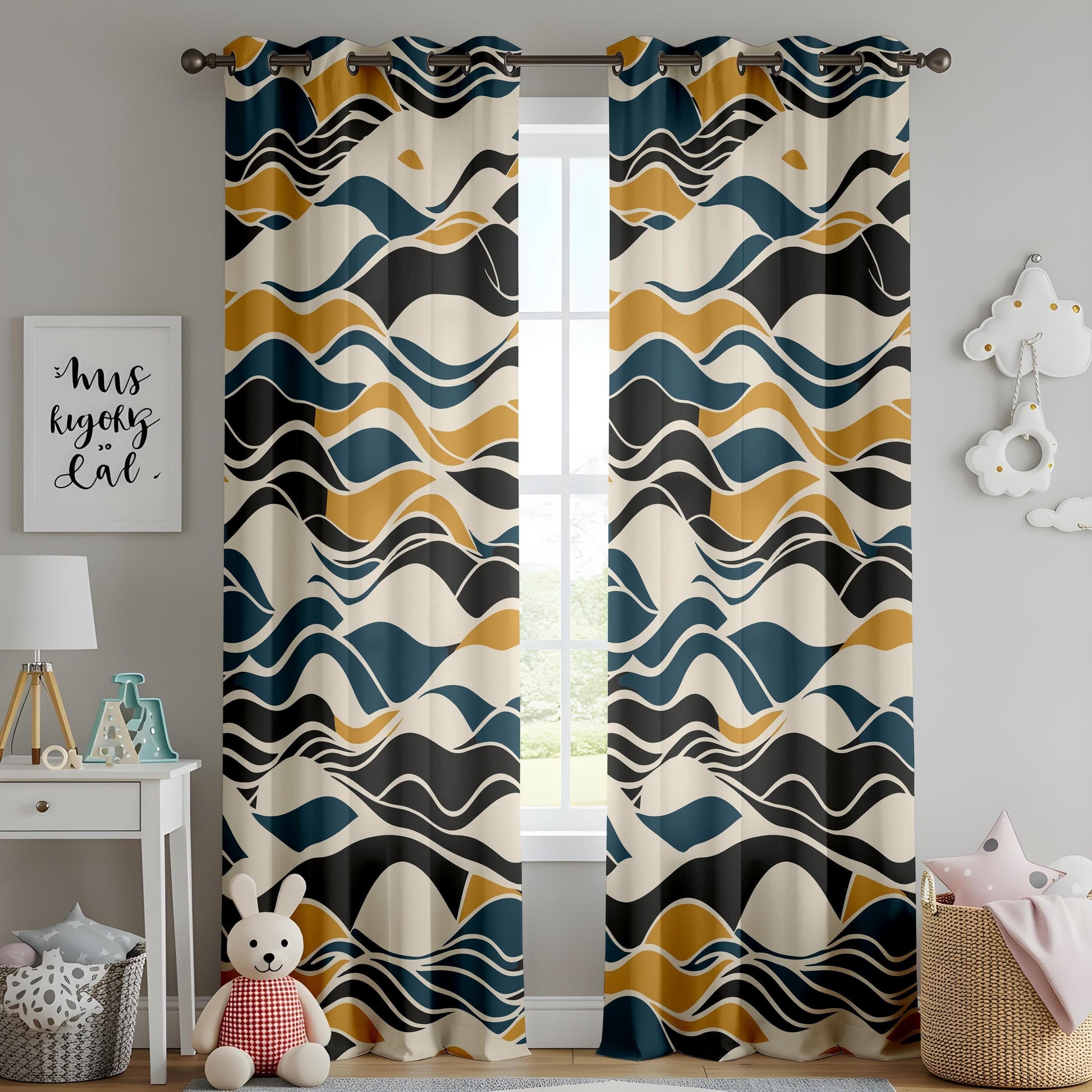 Onay Modern Abstract Wave Curtains, Navy and Mustard Flowing Lines Drapes