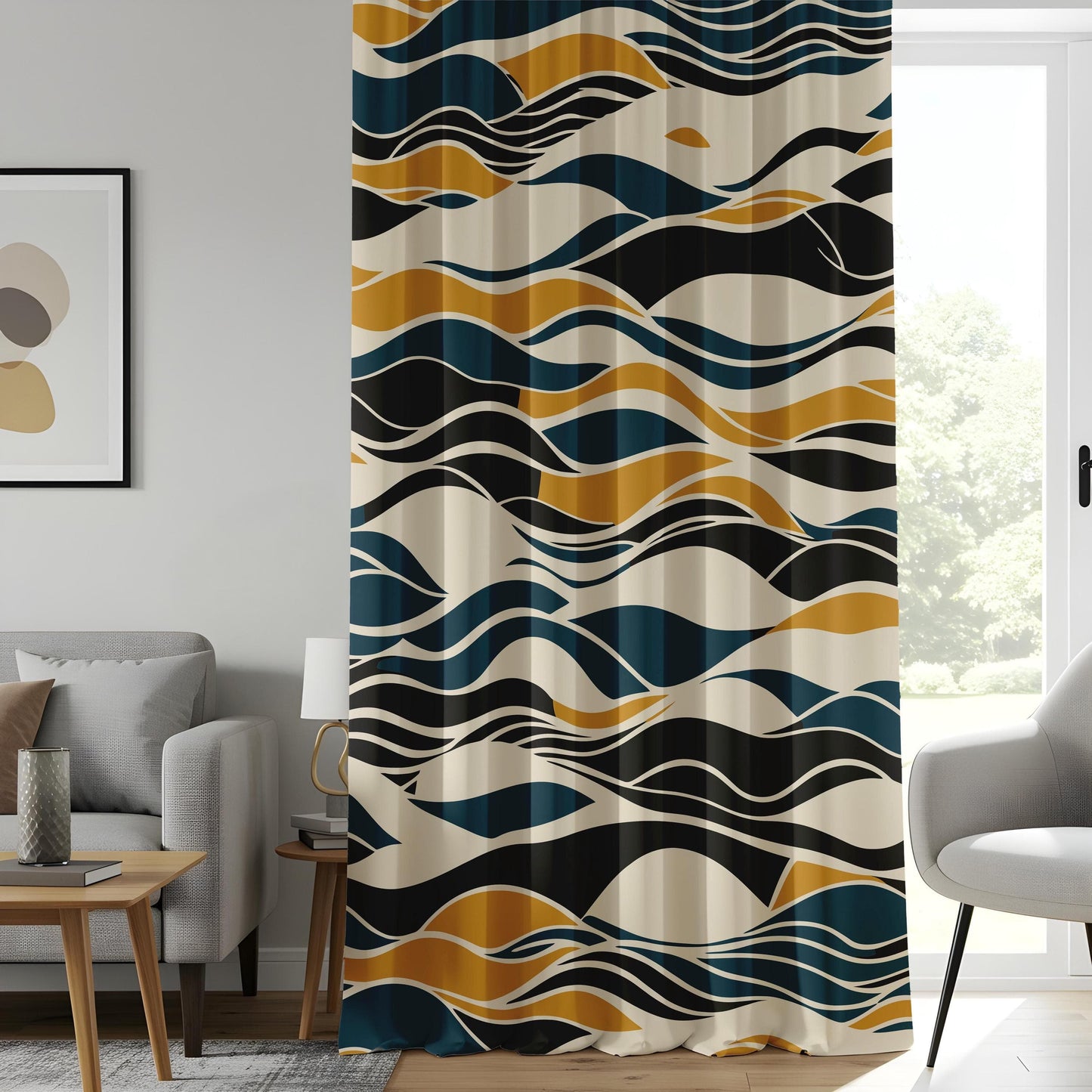 Onay Modern Abstract Wave Curtains, Navy and Mustard Flowing Lines Drapes