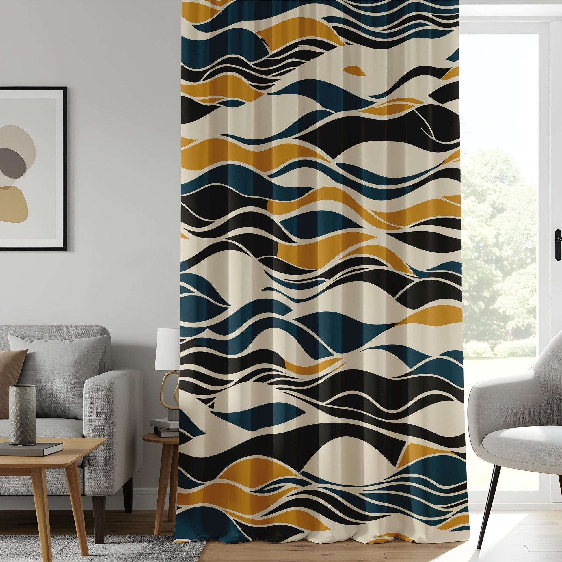 Onay Modern Abstract Wave Curtains, Navy and Mustard Flowing Lines Drapes