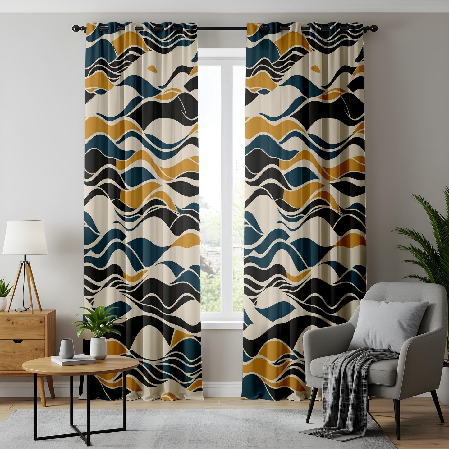 Onay Modern Abstract Wave Curtains, Navy and Mustard Flowing Lines Drapes