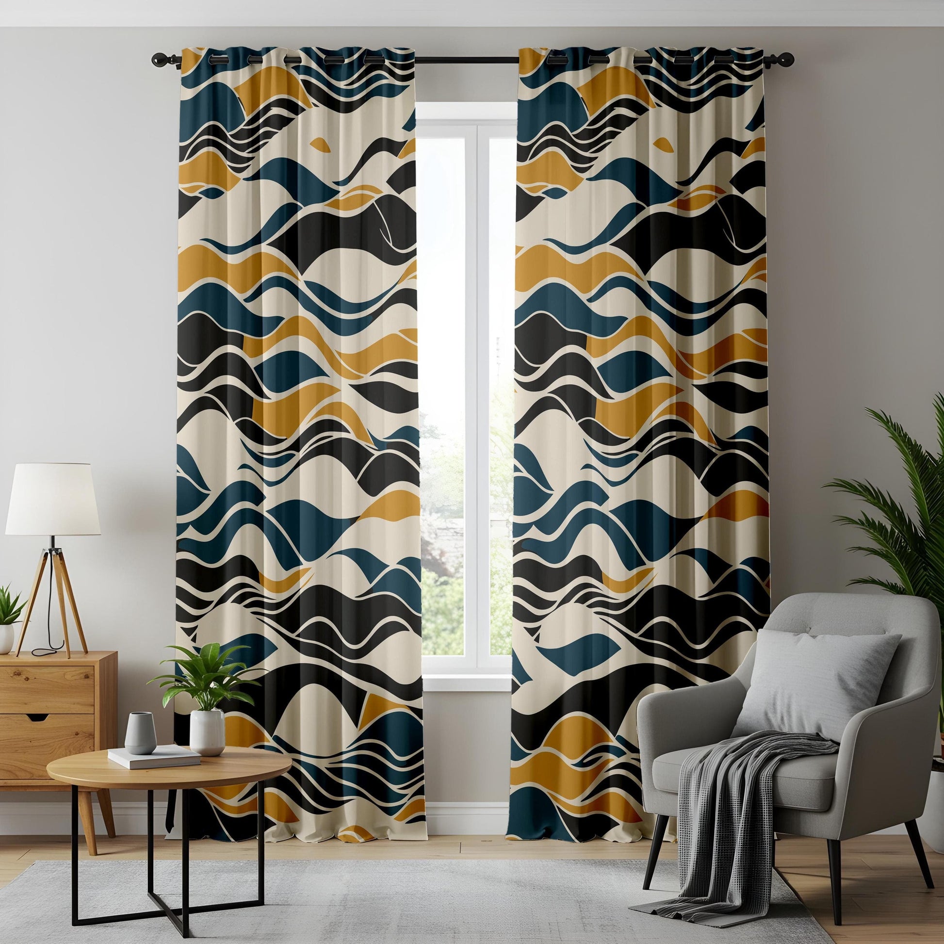 Onay Modern Abstract Wave Curtains, Navy and Mustard Flowing Lines Drapes