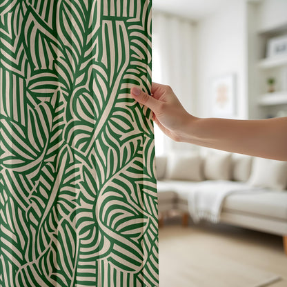 Onay Modern Botanical Curtains, Green and Beige Leaf, Stylish Abstract Nature Drapes