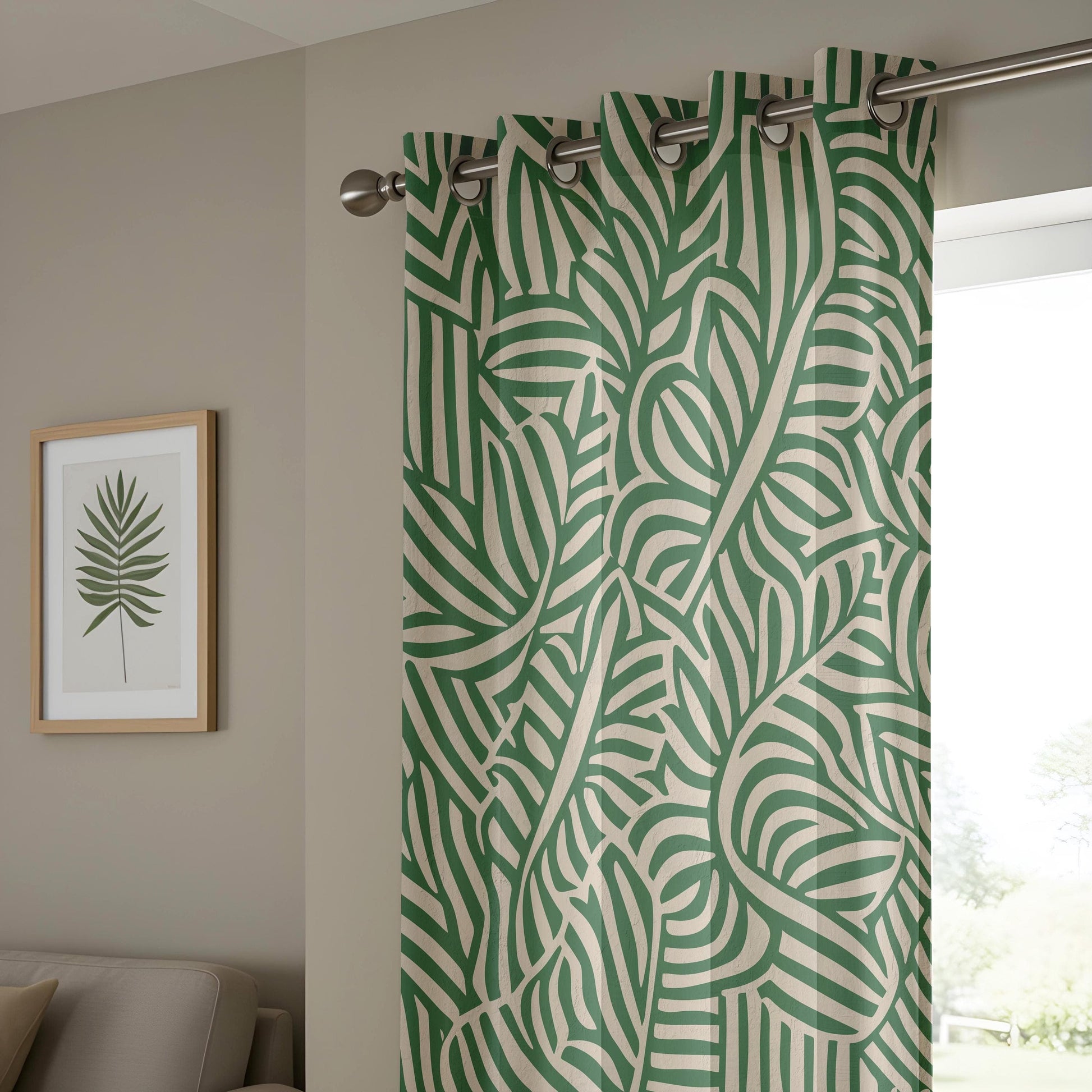 Onay Modern Botanical Curtains, Green and Beige Leaf, Stylish Abstract Nature Drapes