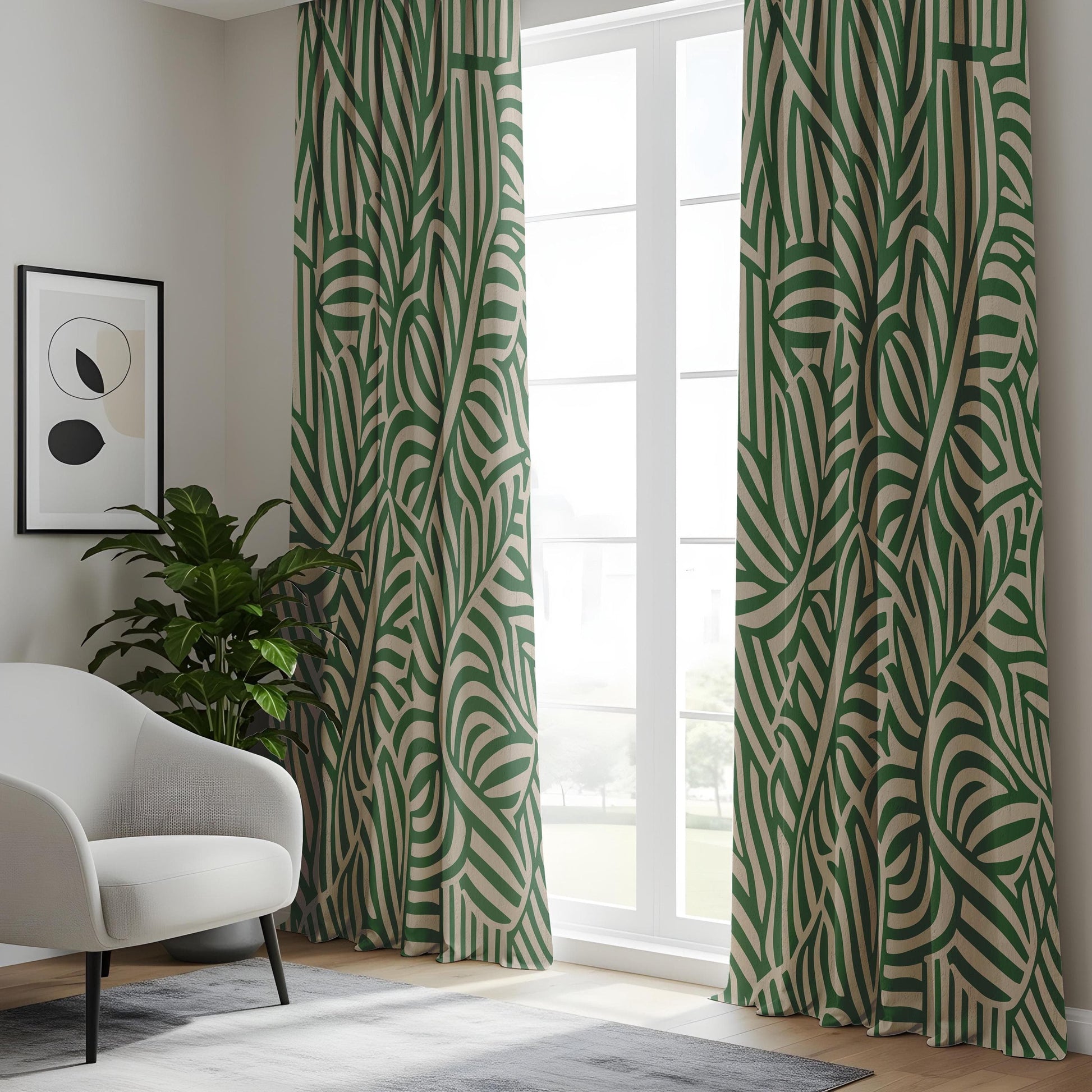 Onay Modern Botanical Curtains, Green and Beige Leaf, Stylish Abstract Nature Drapes