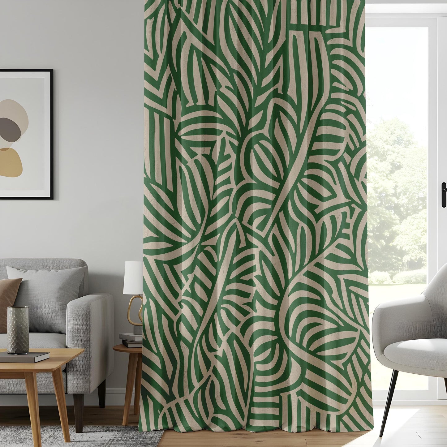 Onay Modern Botanical Curtains, Green and Beige Leaf, Stylish Abstract Nature Drapes