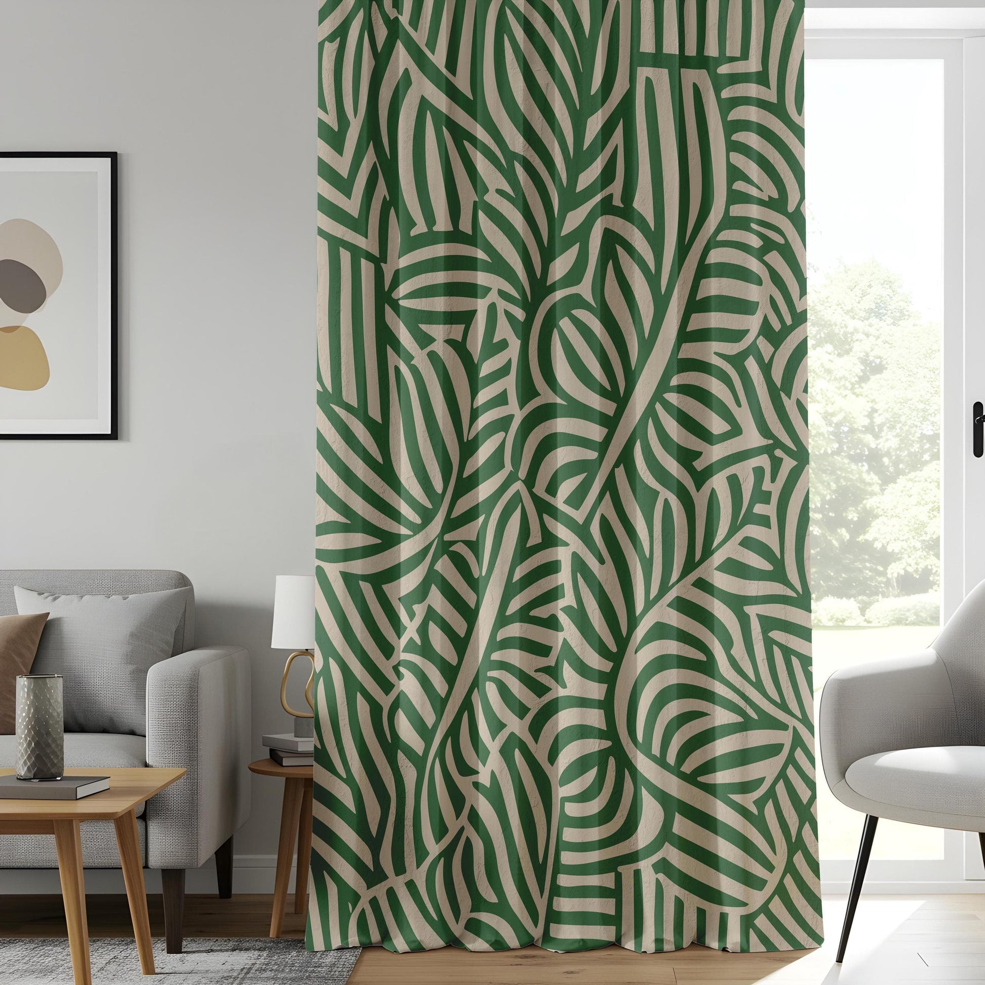 Onay Modern Botanical Curtains, Green and Beige Leaf, Stylish Abstract Nature Drapes