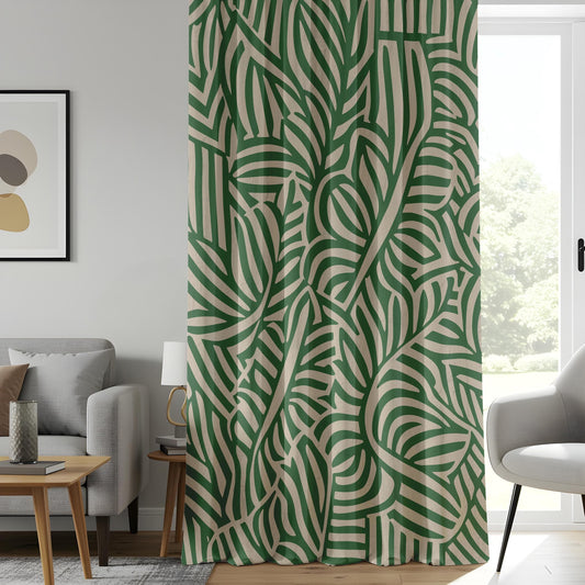Onay Modern Botanical Curtains, Green and Beige Leaf, Stylish Abstract Nature Drapes