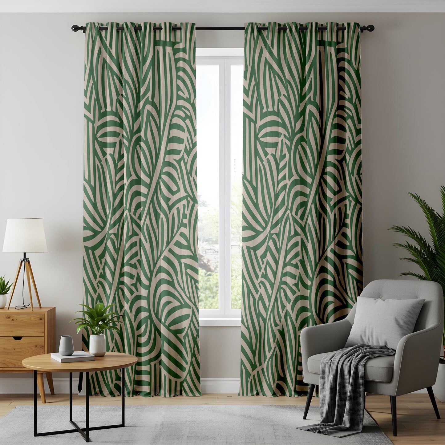 Onay Modern Botanical Curtains, Green and Beige Leaf, Stylish Abstract Nature Drapes