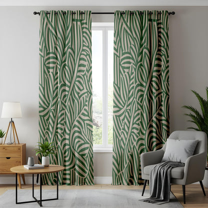Onay Modern Botanical Curtains, Green and Beige Leaf, Stylish Abstract Nature Drapes