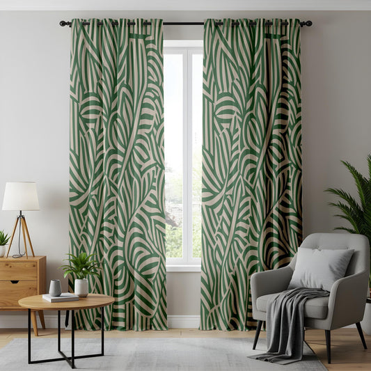 Onay Modern Botanical Curtains, Green and Beige Leaf, Stylish Abstract Nature Drapes