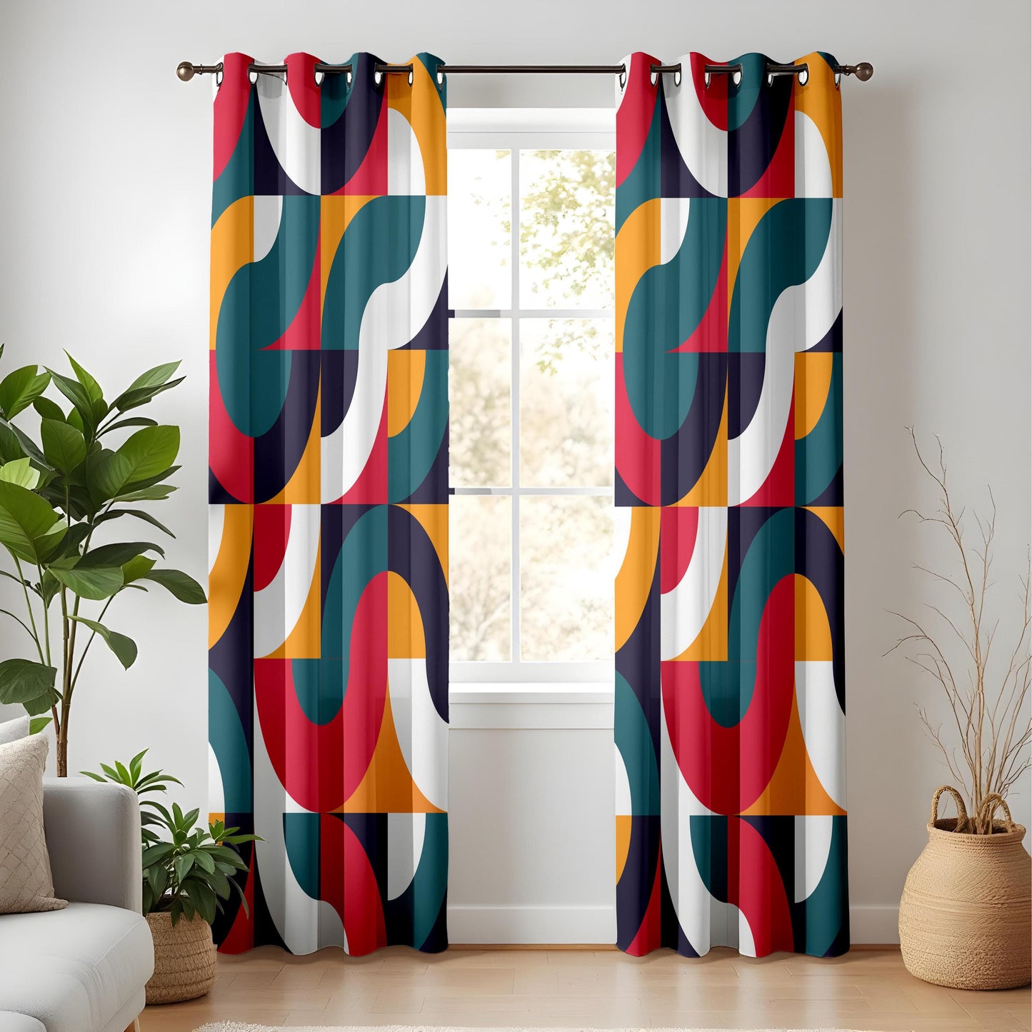 Onay Modern Geometric Living Room Curtains, Bold Retro Pattern Drapes